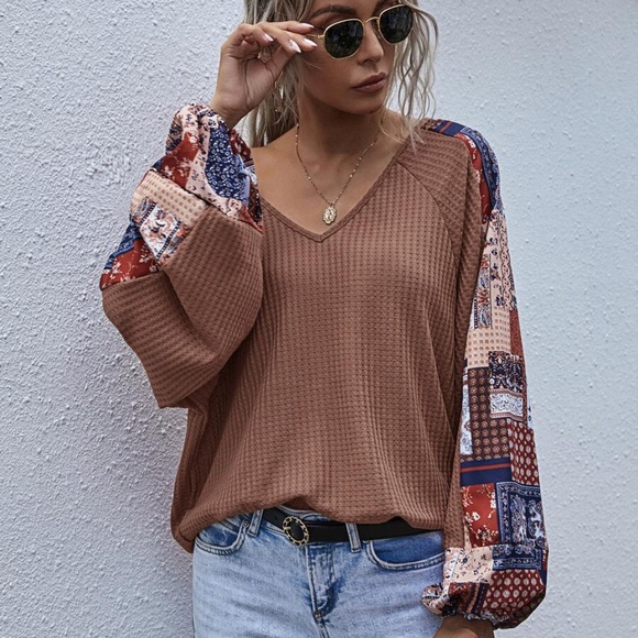 brown  v neck wide sleep waffle long sleeve top - Picture 16 of 16